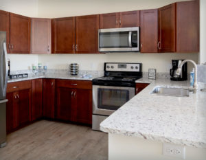 Cabinets and counter detail in the kitchens at Regency Village, Merrimac, MA.