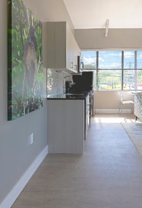 Entrance view into the kitchen of the one-bedroom apartments at The Borden Luxury Apartments.