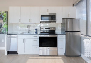 Kitchen cabinets and counters in the one-bedroom units at The Borden Luxury Apartments.