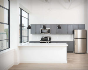 Kitchen in the U-Shaped Apartments at Colt Gateway where Viking Kitchens has installed kitchens and bathrooms.