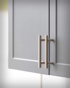 Detail of the cabinet hardware in the kitchens at the U-Shaped Apartments at Colt Gateway where Viking Kitchens has installed kitchens and bathrooms.